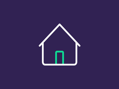 A simple line drawing of a house with a pointed roof and a rectangular door in a contrasting color, set against a dark purple background. The design emphasizes the shape of the house while maintaining a modern, minimalistic style.